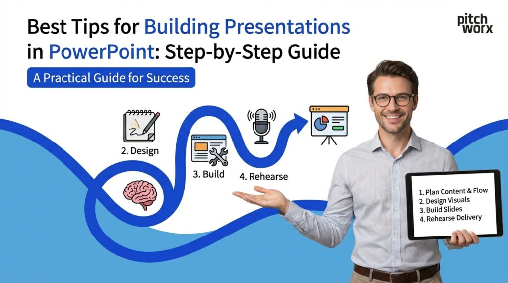 Man holding a tablet displaying a step-by-step guide for building PowerPoint presentations, featuring icons for planning, designing, building, and rehearsing.